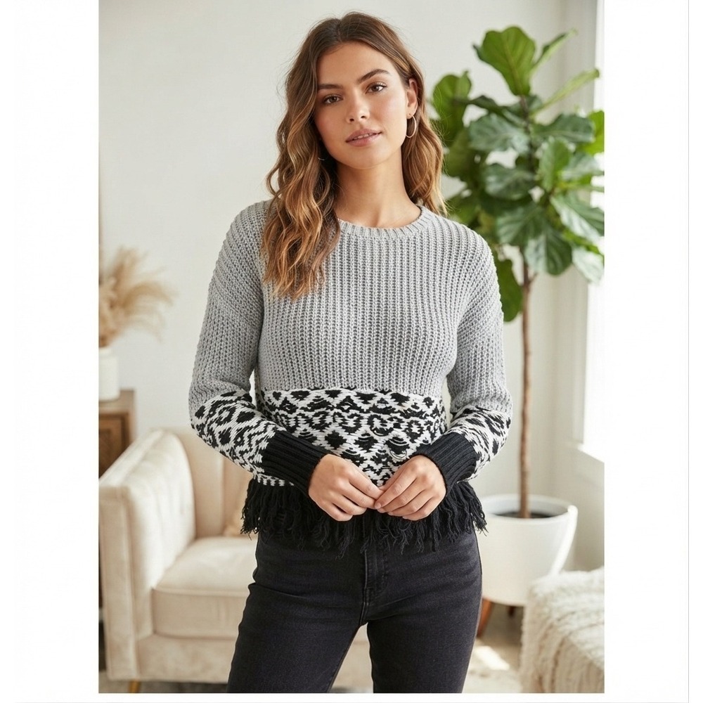John &Jenn bohemian crochet style sweater Women‎ Beige Black M